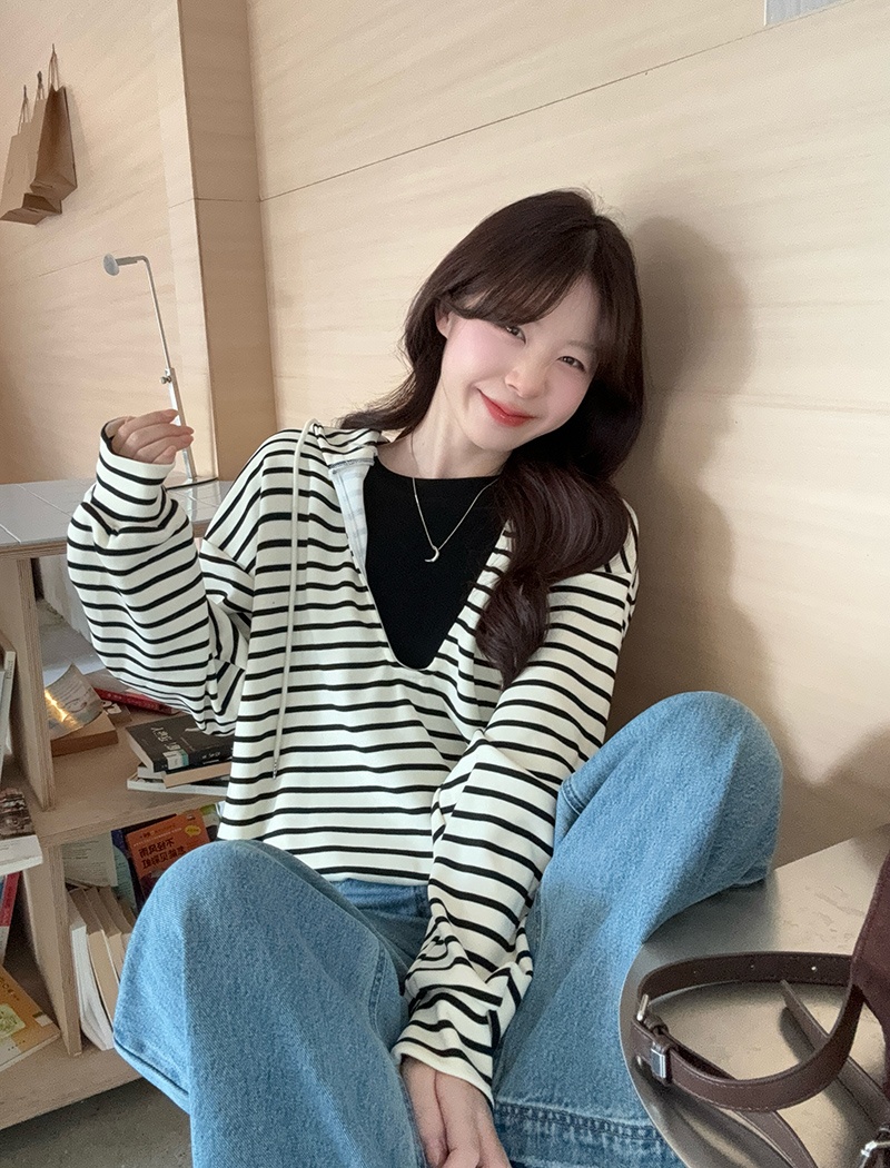 Thin Pseudo-two hoodie hooded autumn tops for women