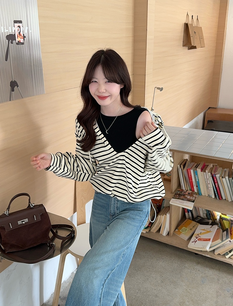 Thin Pseudo-two hoodie hooded autumn tops for women