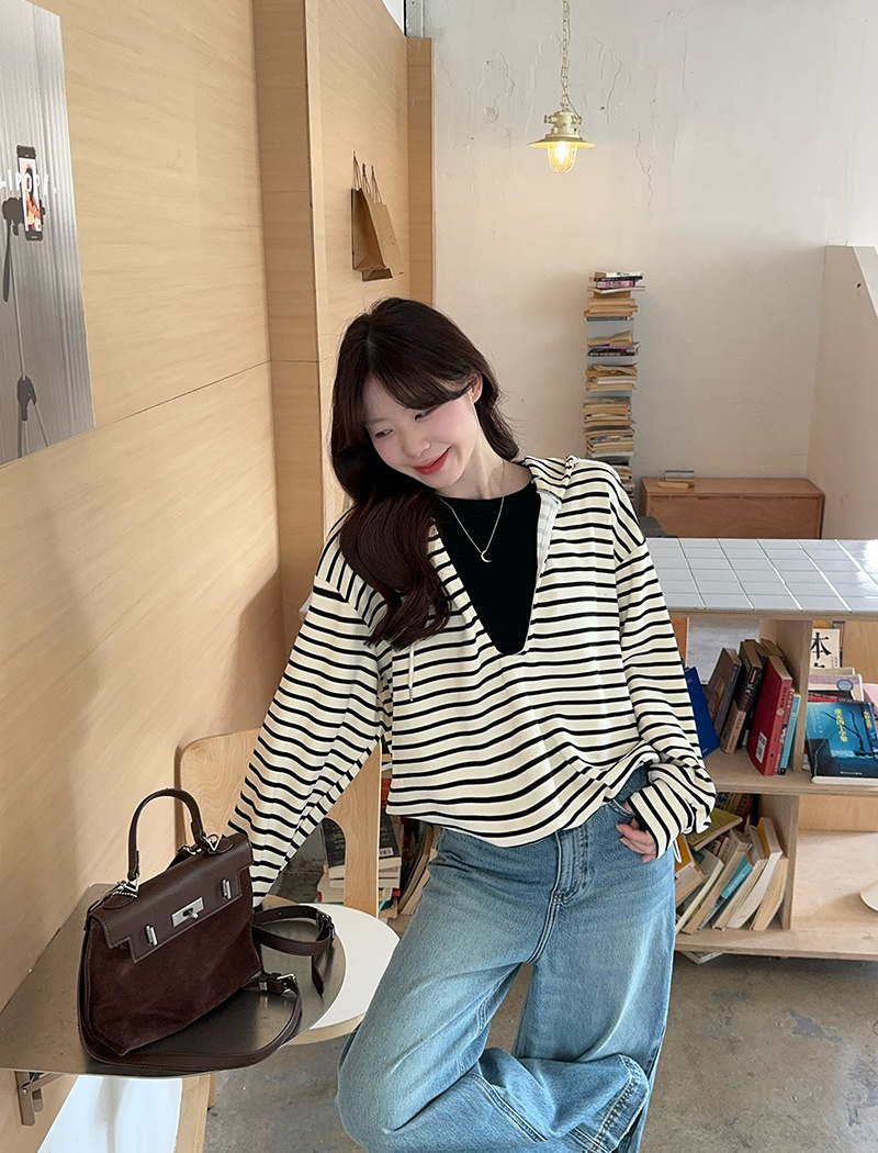 Thin Pseudo-two hoodie hooded autumn tops for women