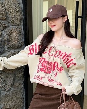 Retro thin loose hoodie oblique collar spring and autumn T-shirt