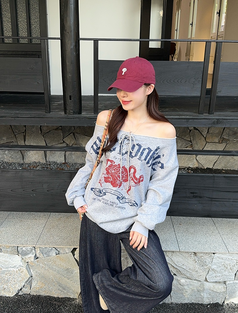 Retro thin loose hoodie oblique collar spring and autumn T-shirt