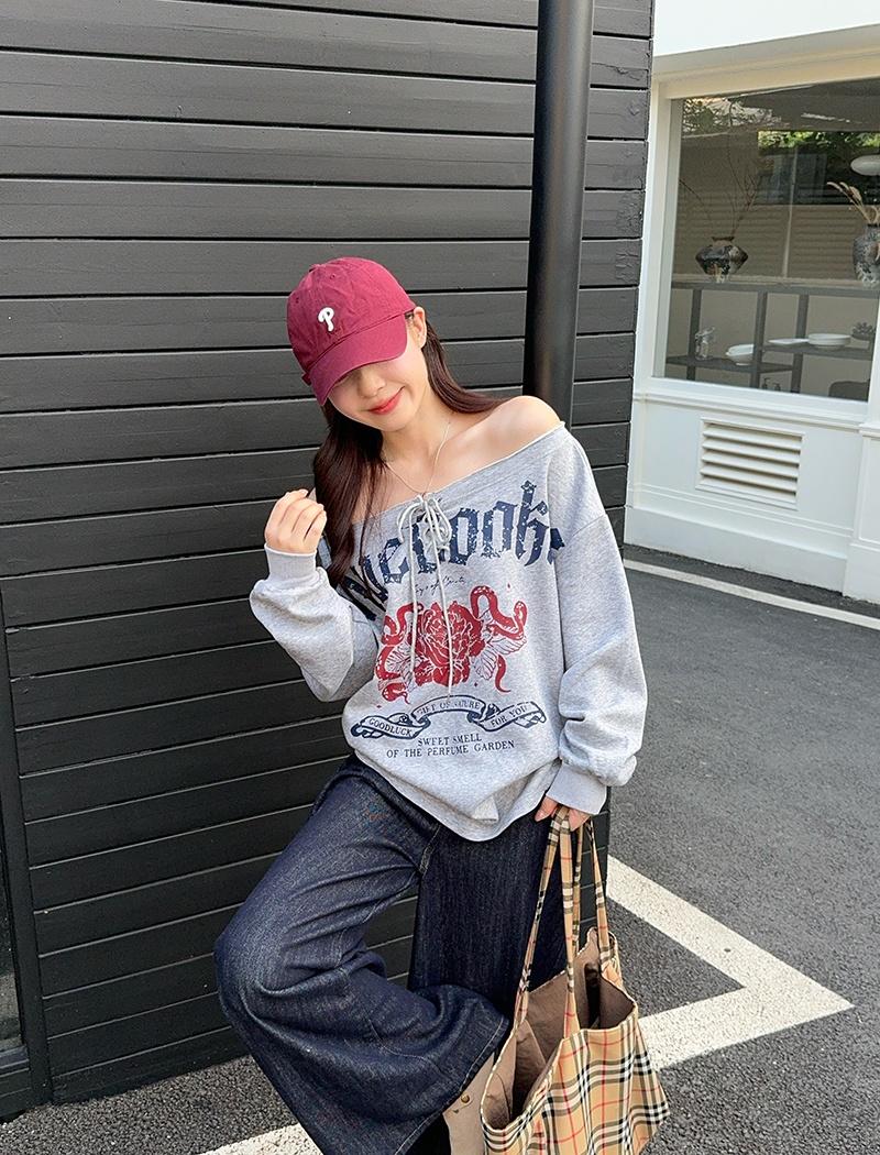 Retro thin loose hoodie oblique collar spring and autumn T-shirt