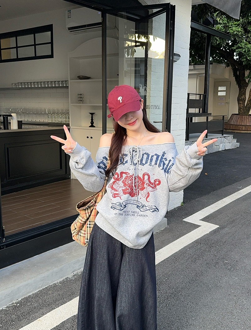 Retro thin loose hoodie oblique collar spring and autumn T-shirt