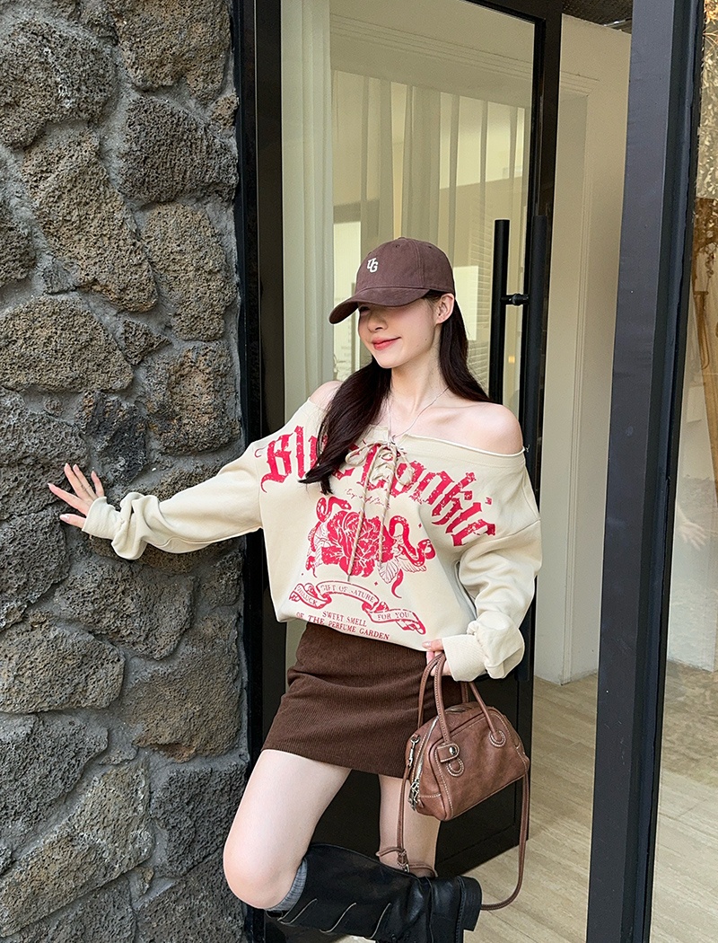 Retro thin loose hoodie oblique collar spring and autumn T-shirt