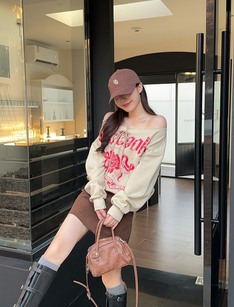 Retro thin loose hoodie oblique collar spring and autumn T-shirt