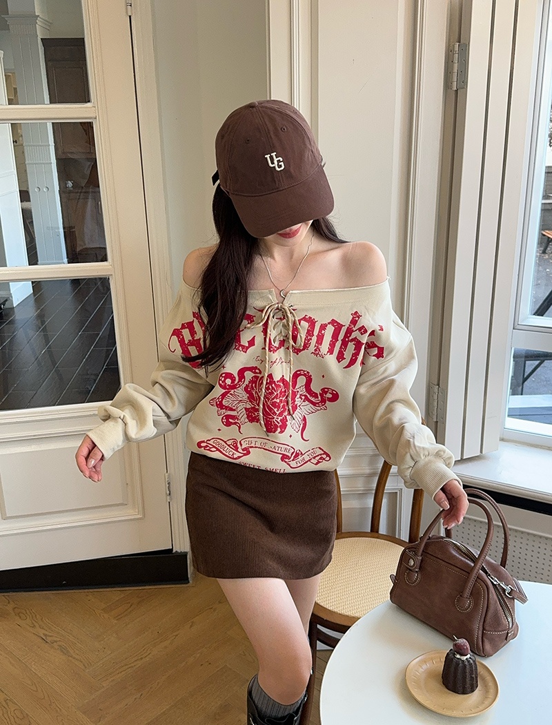 Retro thin loose hoodie oblique collar spring and autumn T-shirt