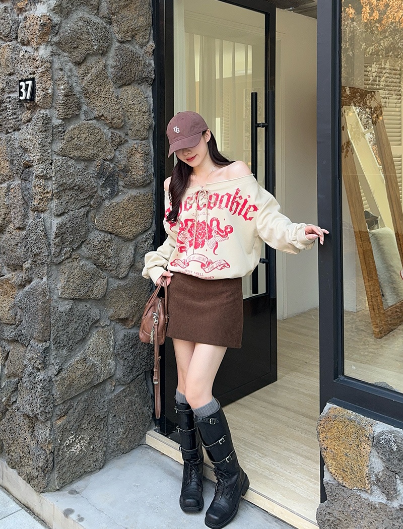 Retro thin loose hoodie oblique collar spring and autumn T-shirt