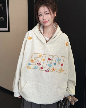 Plus velvet embroidered flowers tops long hoodie for women