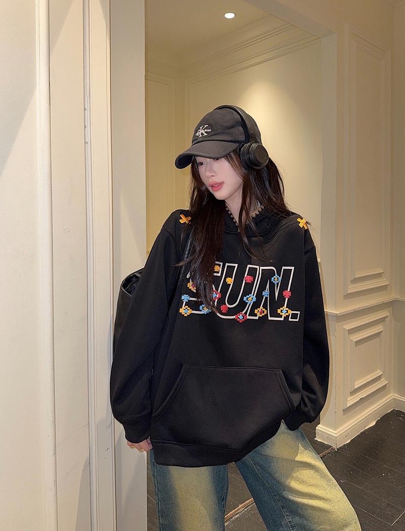 Plus velvet embroidered flowers tops long hoodie for women