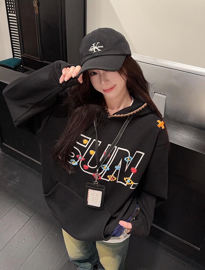 Plus velvet embroidered flowers tops long hoodie for women