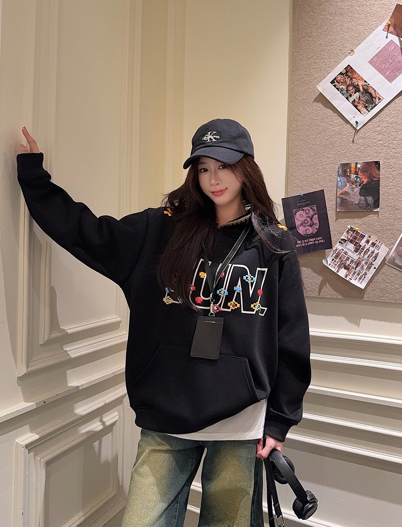 Plus velvet embroidered flowers tops long hoodie for women