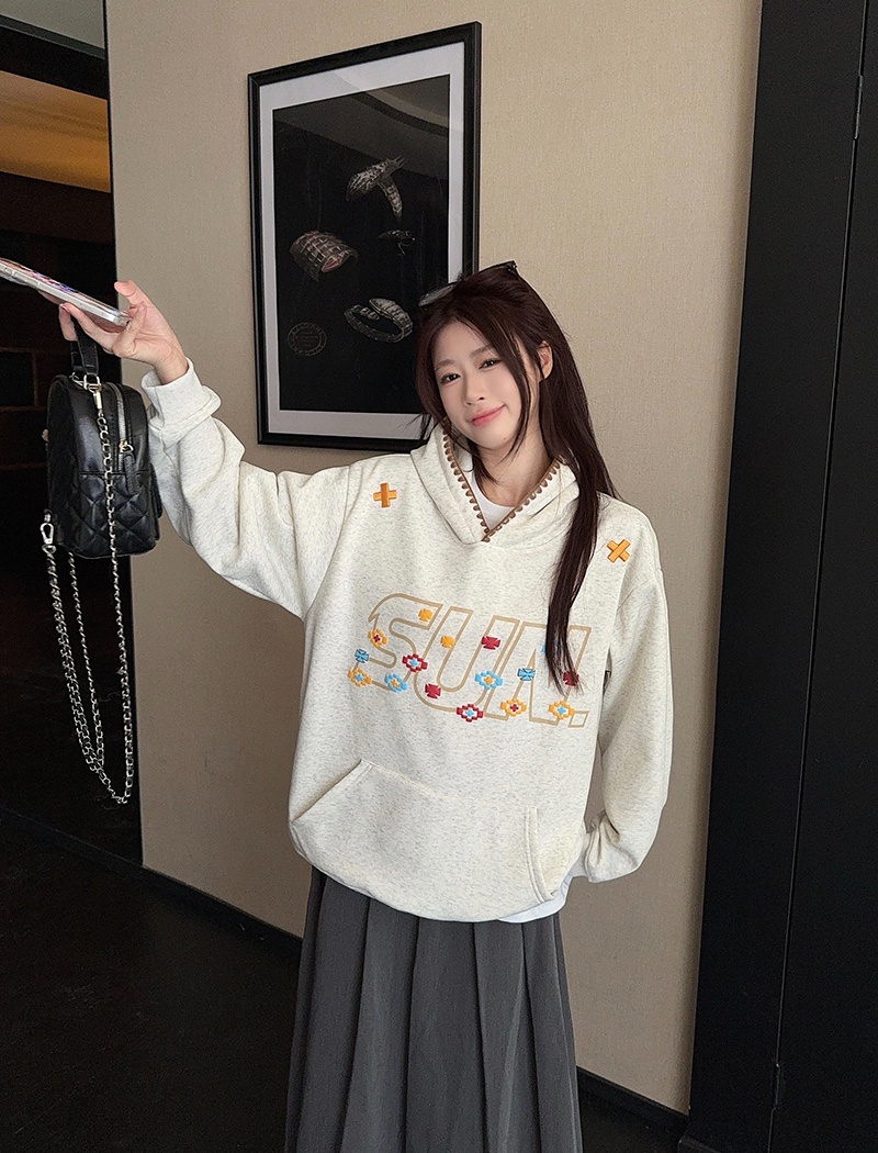 Plus velvet embroidered flowers tops long hoodie for women