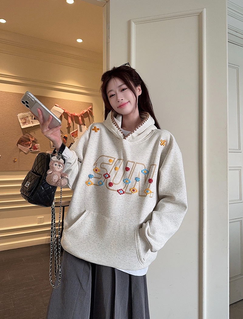 Plus velvet embroidered flowers tops long hoodie for women