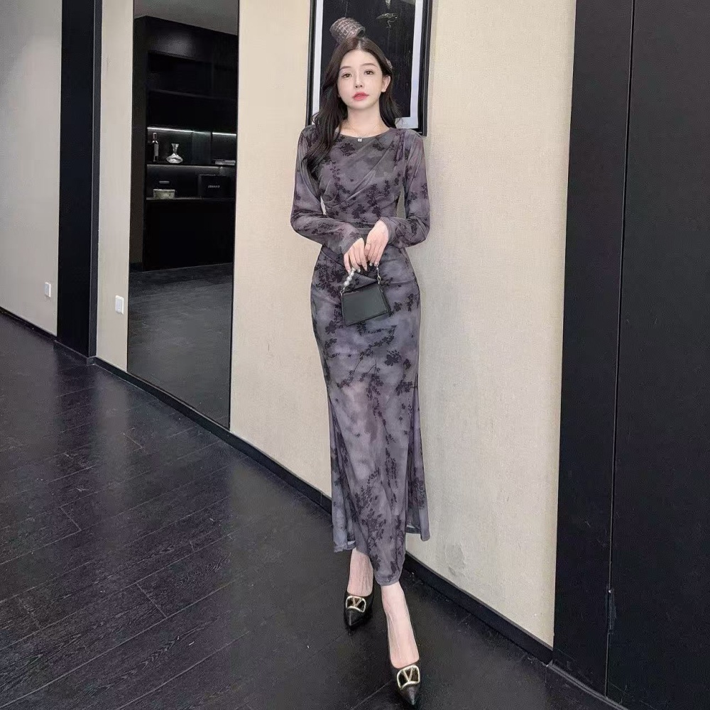 Bottoming package hip gauze sexy long sleeve long dress