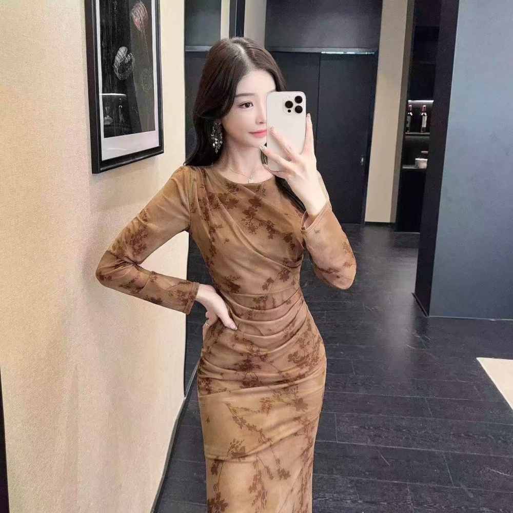 Bottoming package hip gauze sexy long sleeve long dress