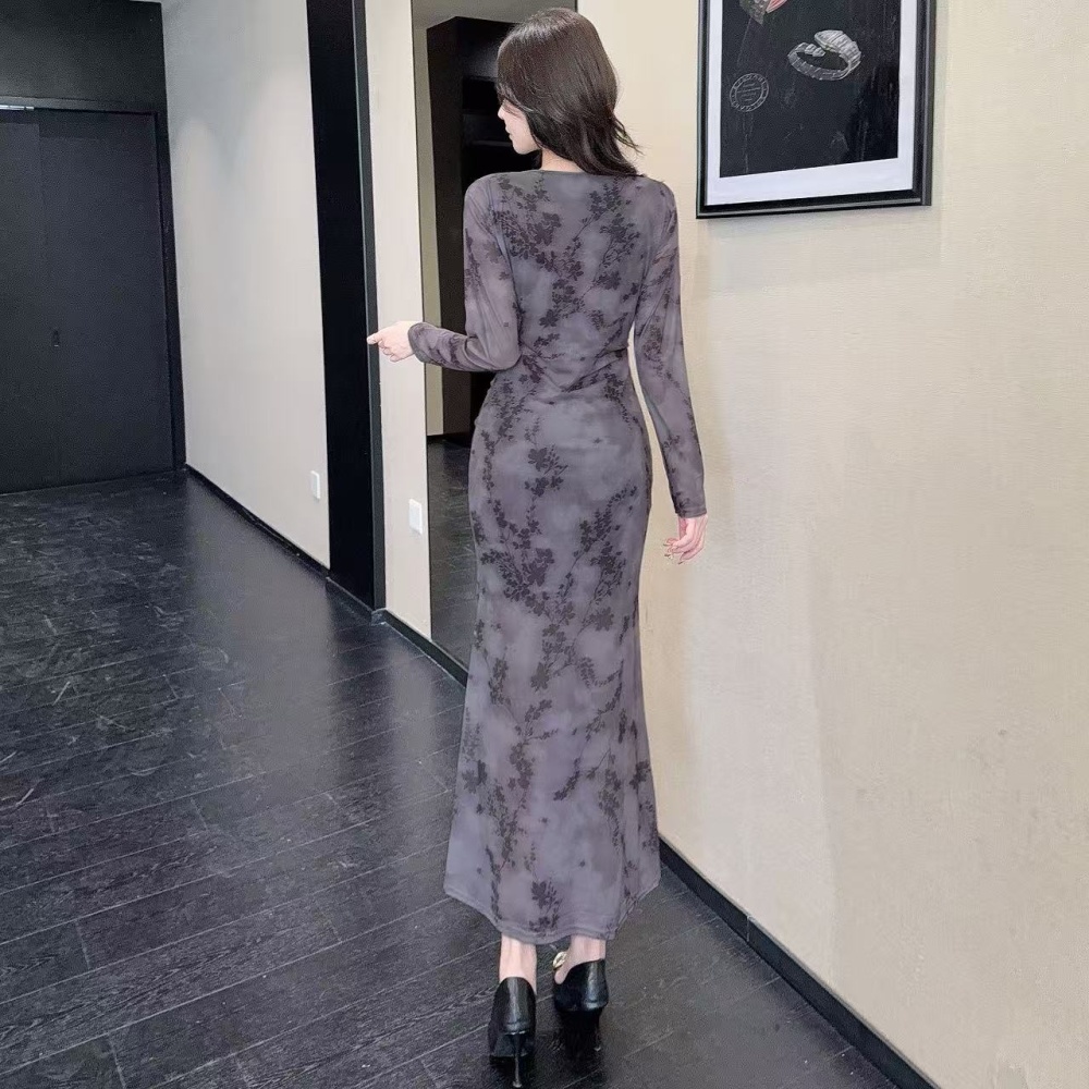 Bottoming package hip gauze sexy long sleeve long dress