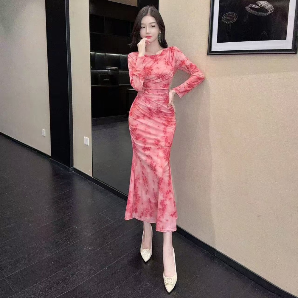 Bottoming package hip gauze sexy long sleeve long dress