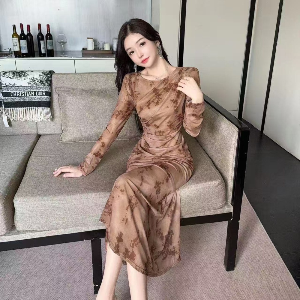 Bottoming package hip gauze sexy long sleeve long dress