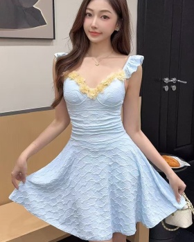 Slim square collar basis A-line sleeveless lace dress