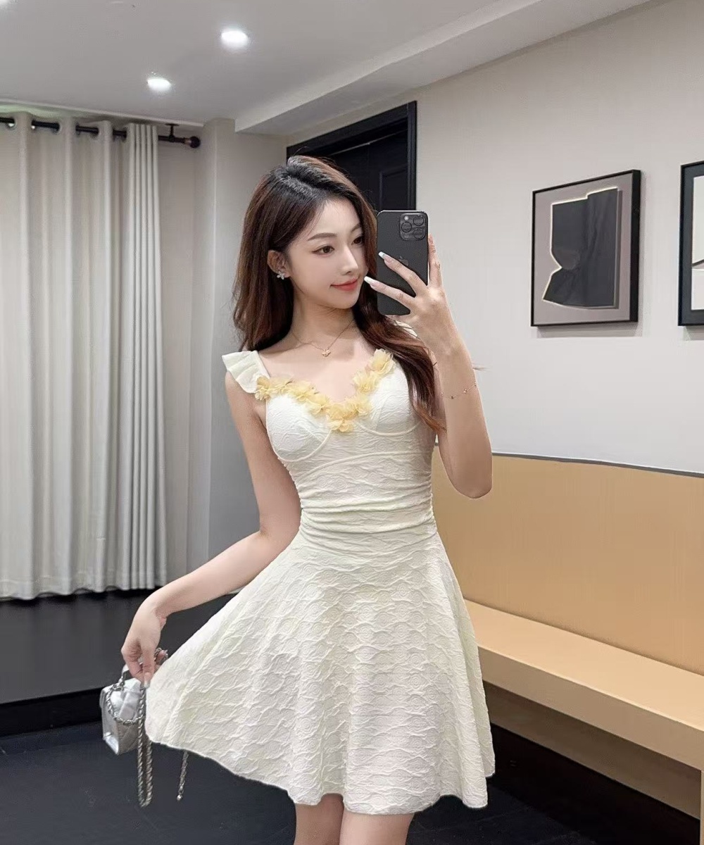 Slim square collar basis A-line sleeveless lace dress