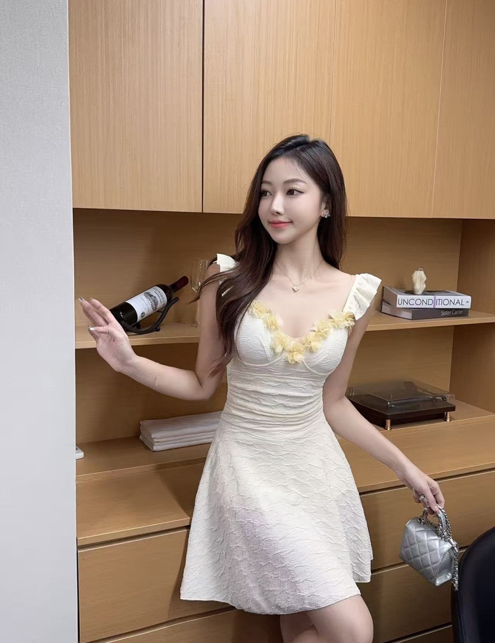 Slim square collar basis A-line sleeveless lace dress