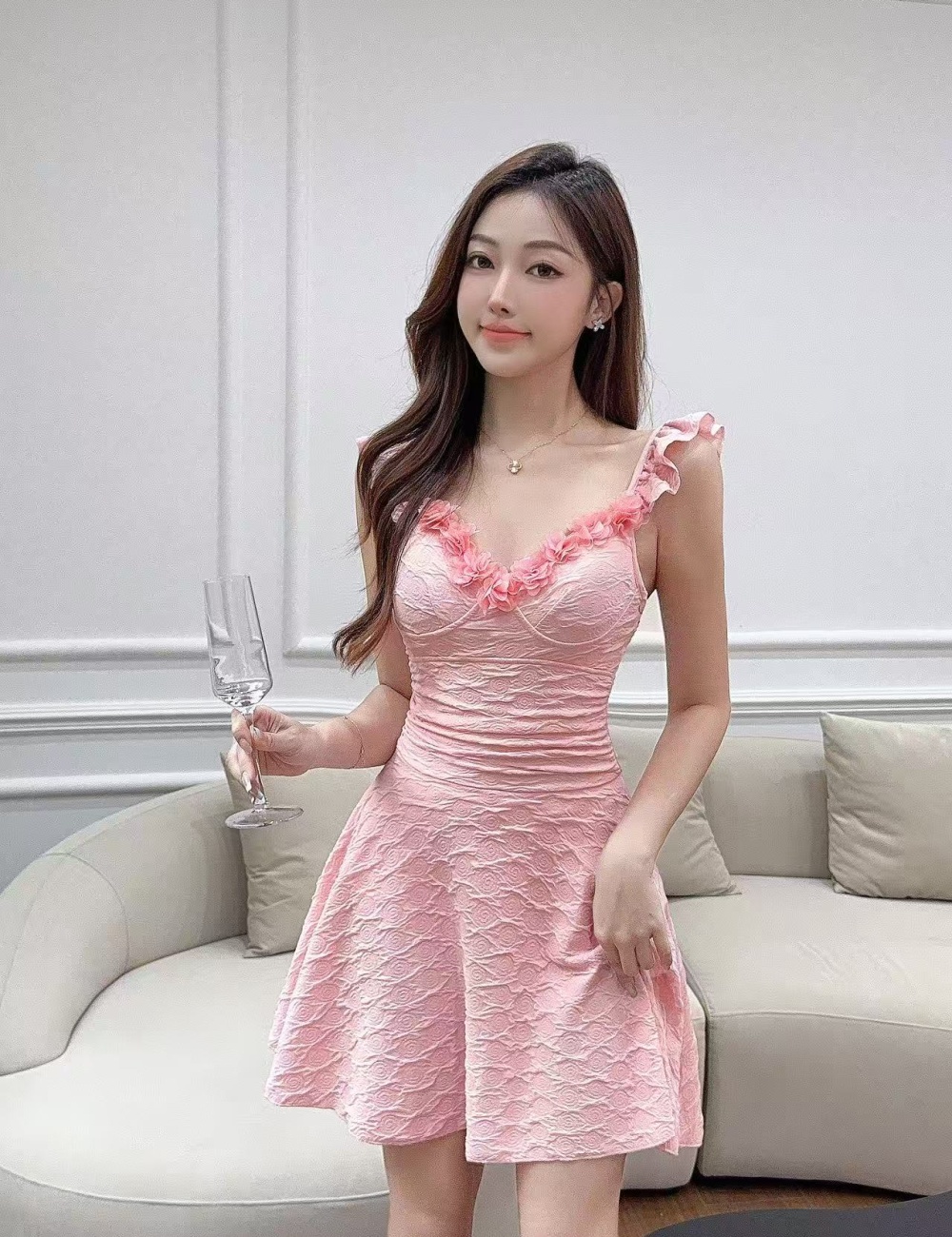 Slim square collar basis A-line sleeveless lace dress