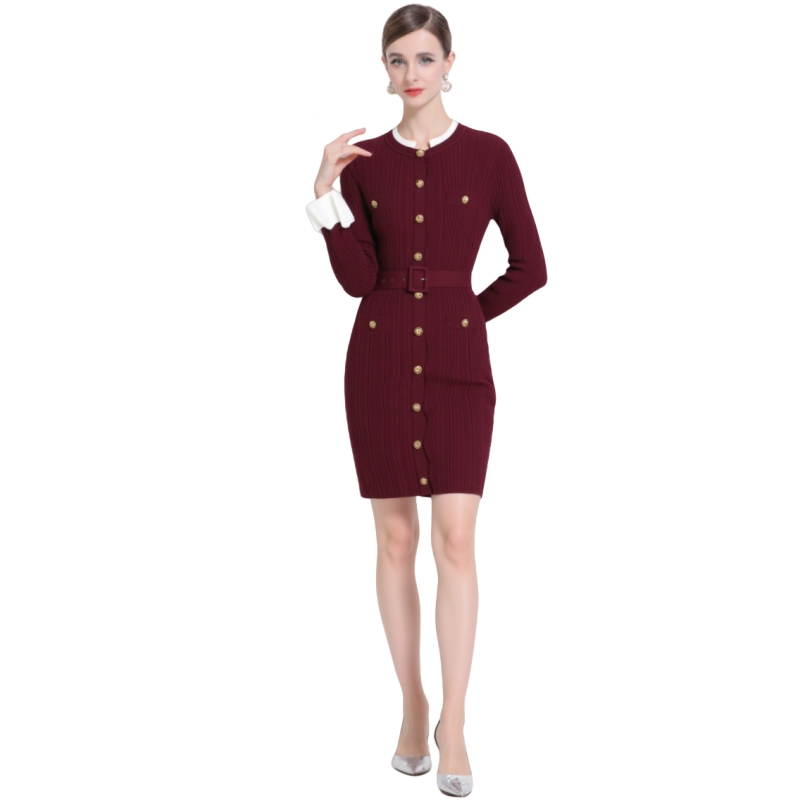 Knitted pinched waist autumn and winter dress for women