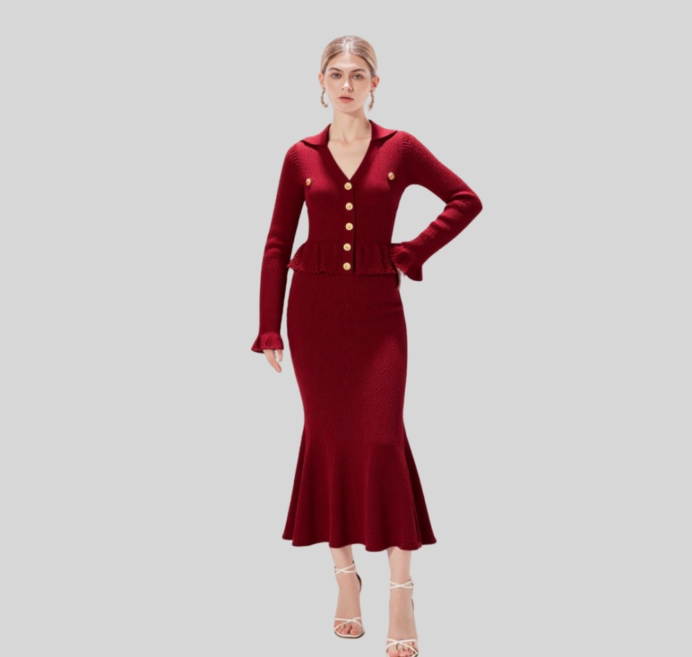 Lapel long sleeve fashion knitted autumn and winter dress