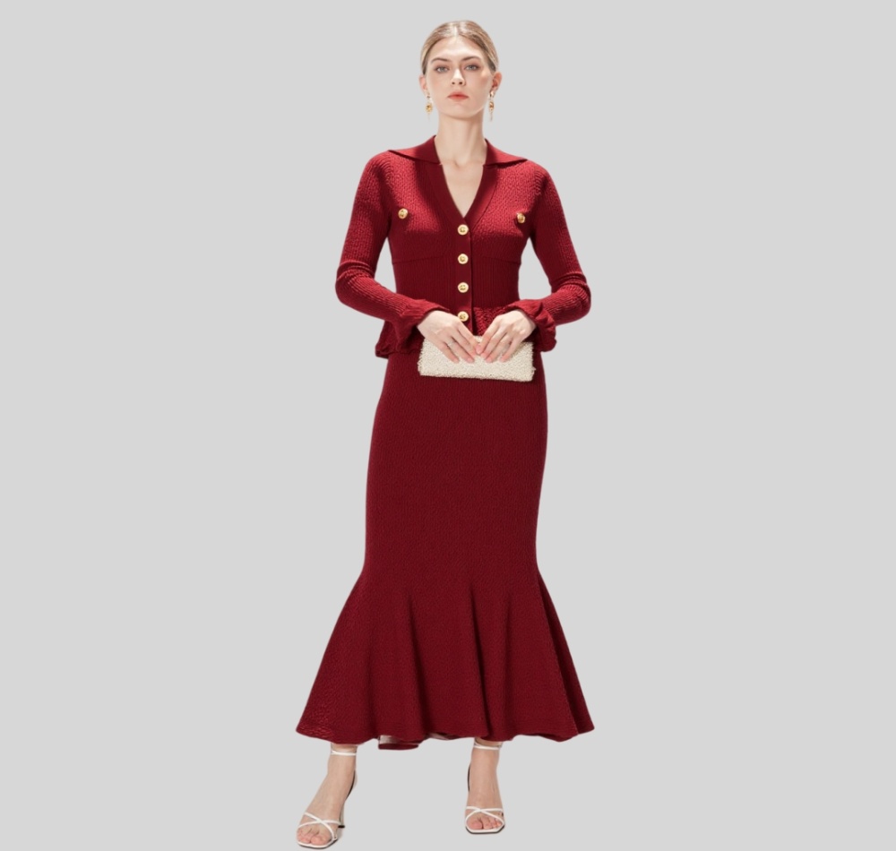 Lapel long sleeve fashion knitted autumn and winter dress