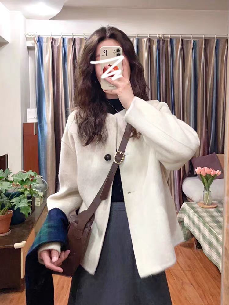 Woolen overcoat round neck woolen coat for women