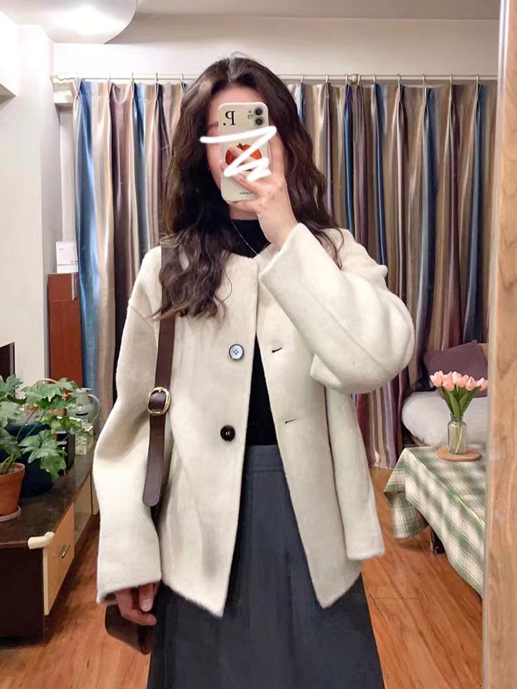 Woolen overcoat round neck woolen coat for women