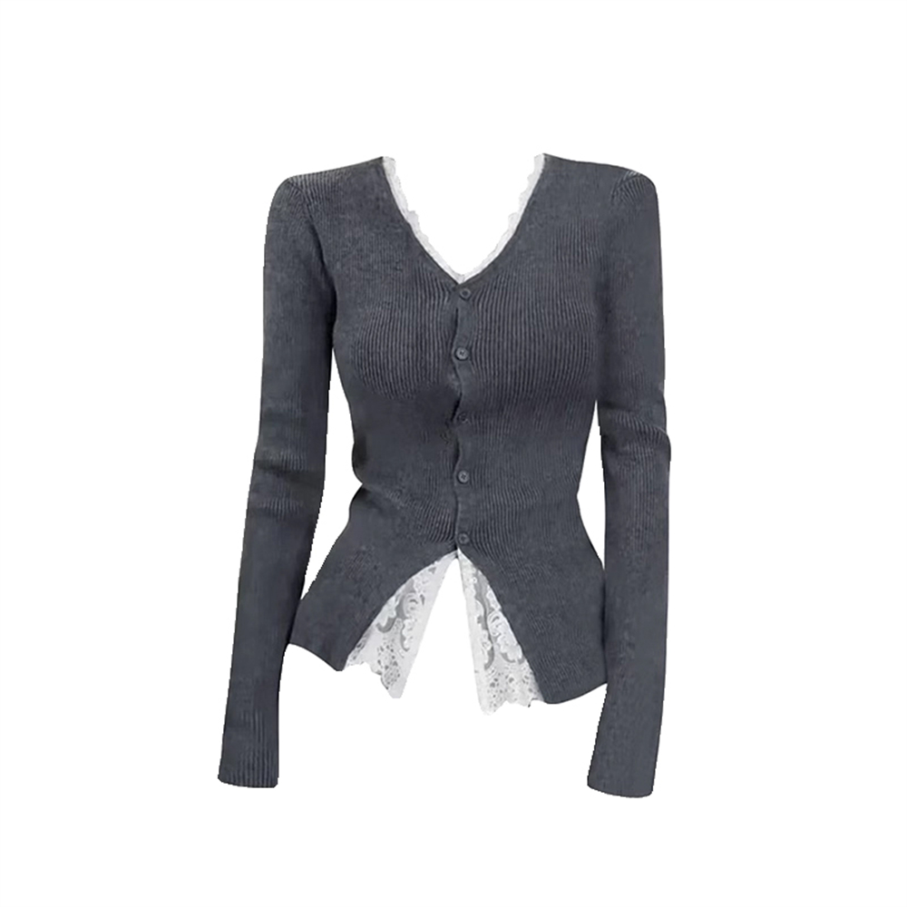 Lace pinched waist cardigan split knitted tops