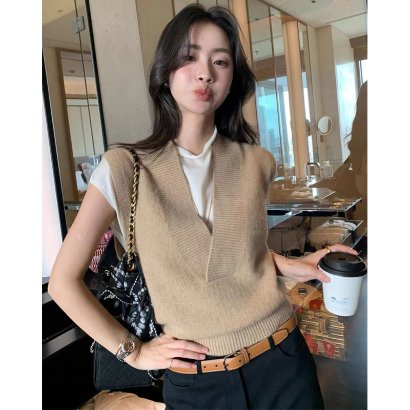 Simple V-neck tops temperament short vest for women