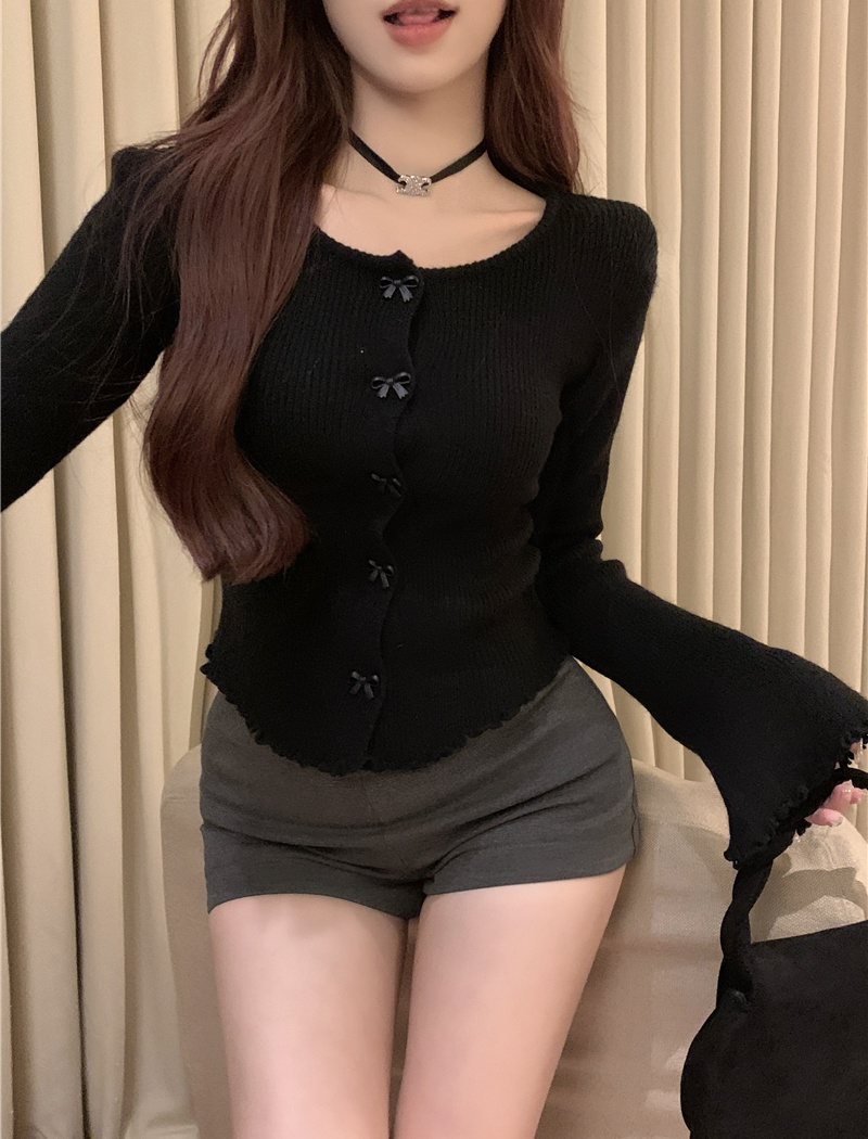 Slim wood ear France style sweater bow round neck tops