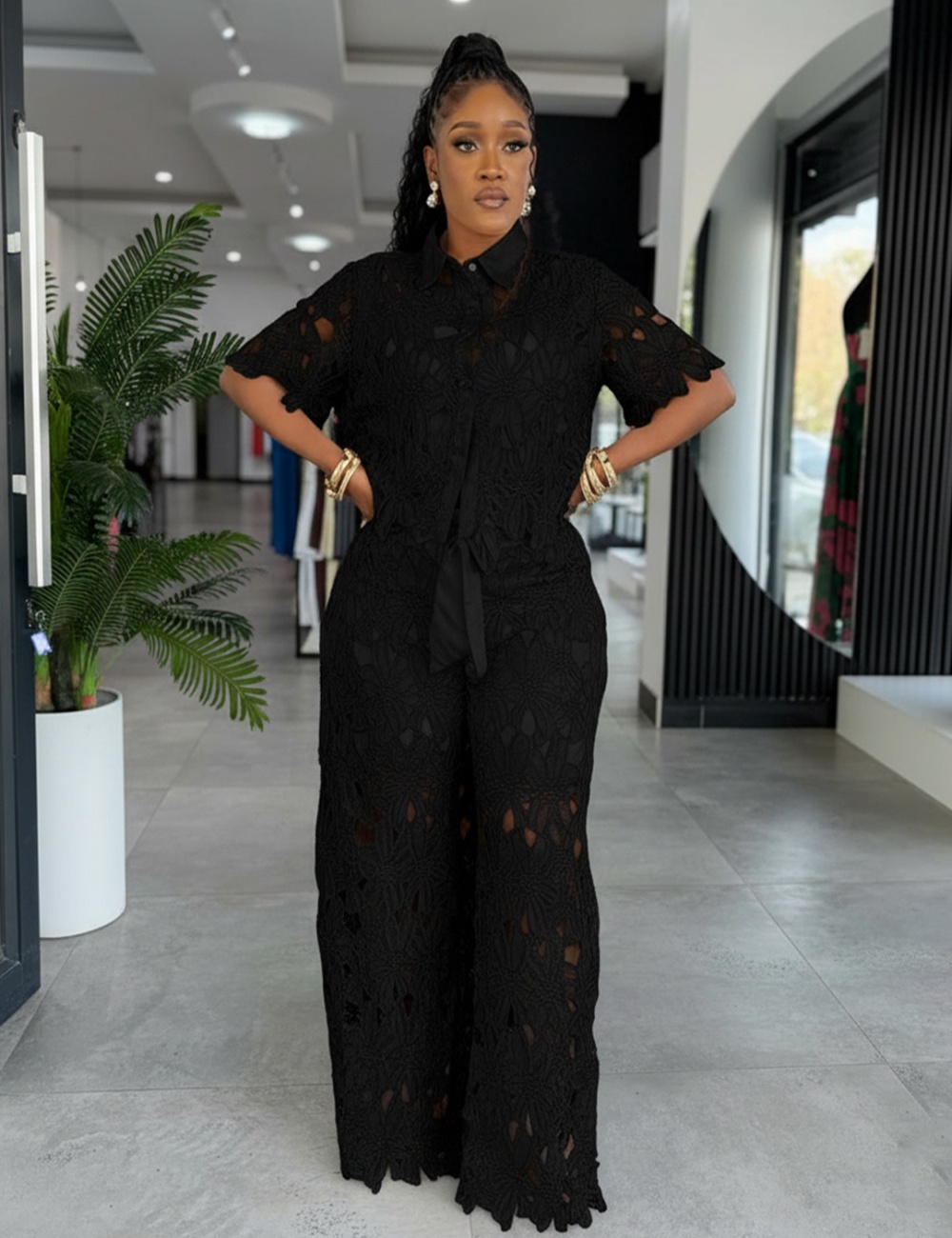 Hollow European style tops commuting bandage pants 2pcs set