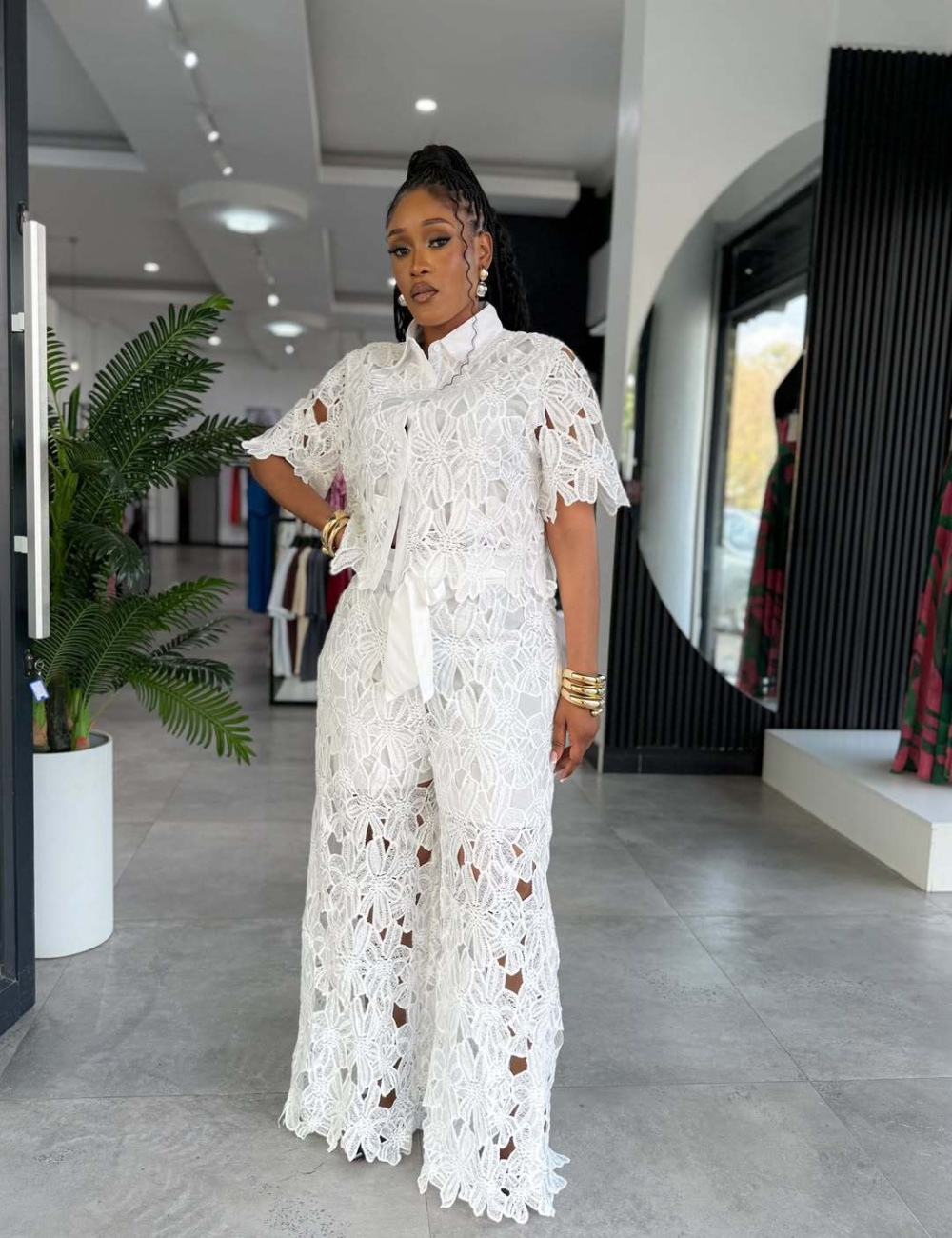 Hollow European style tops commuting bandage pants 2pcs set