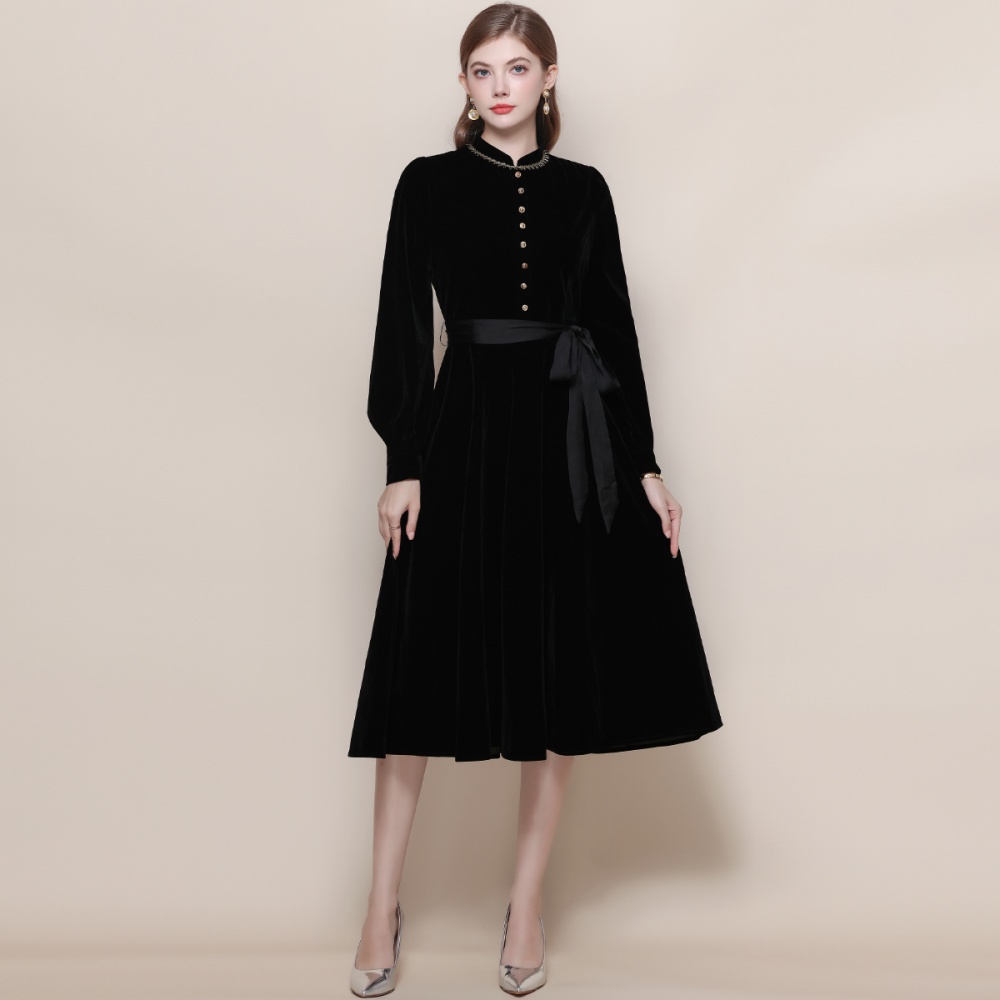 Frenum retro cstand collar pinched waist black dress