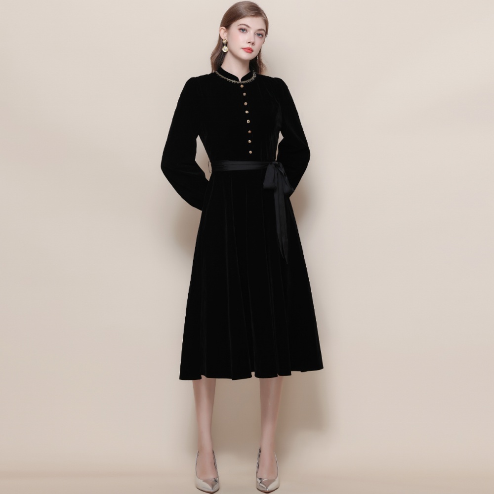 Frenum retro cstand collar pinched waist black dress