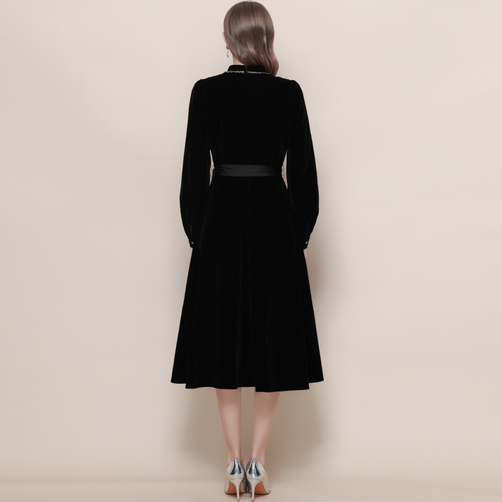 Frenum retro cstand collar pinched waist black dress