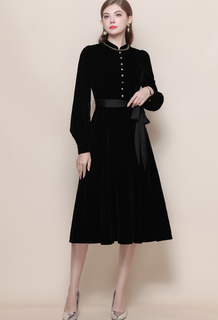Frenum retro cstand collar pinched waist black dress