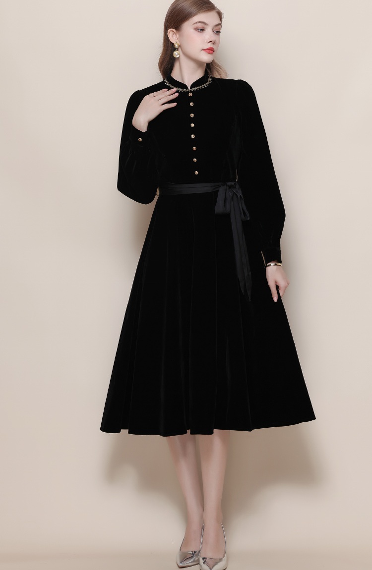 Frenum retro cstand collar pinched waist black dress