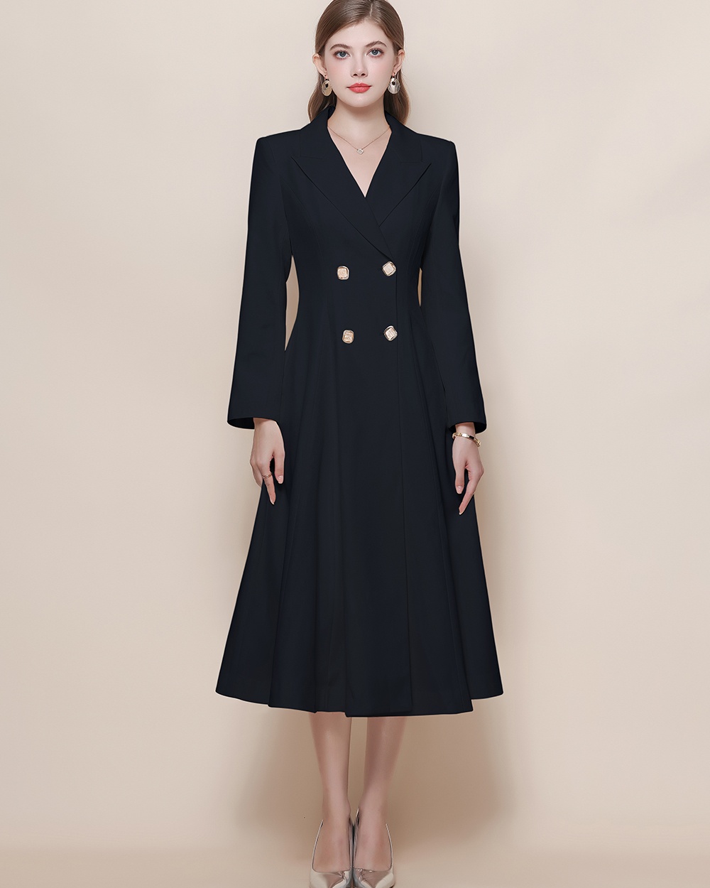 Double-breasted temperament windbreaker long coat