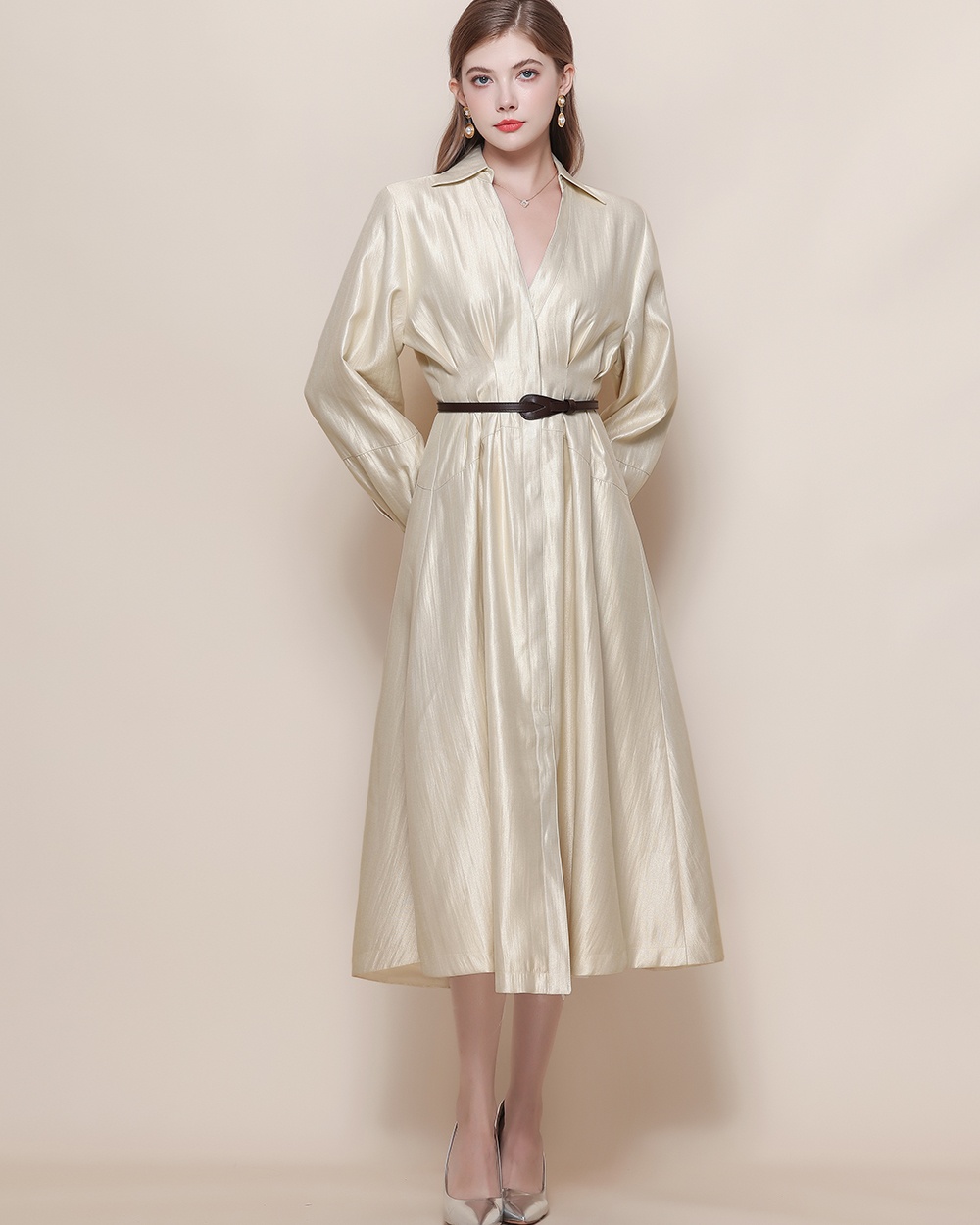 With belt light luxury V-neck France style dress