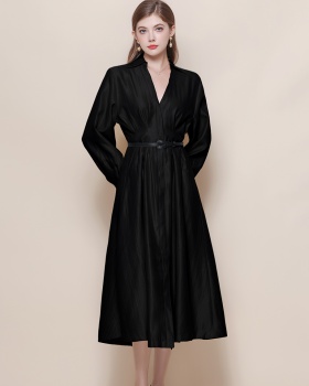 Pinched waist with belt long sleeve France style V-neck dress