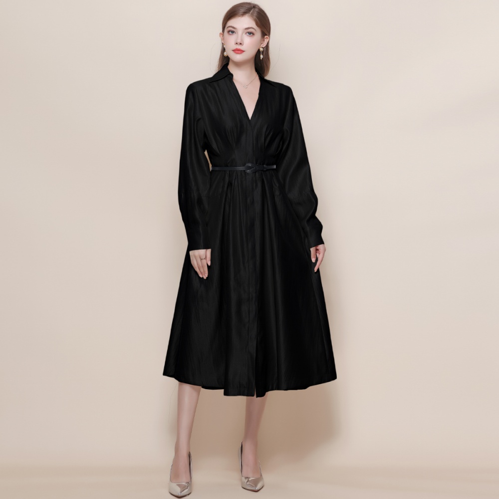 Pinched waist with belt long sleeve France style V-neck dress