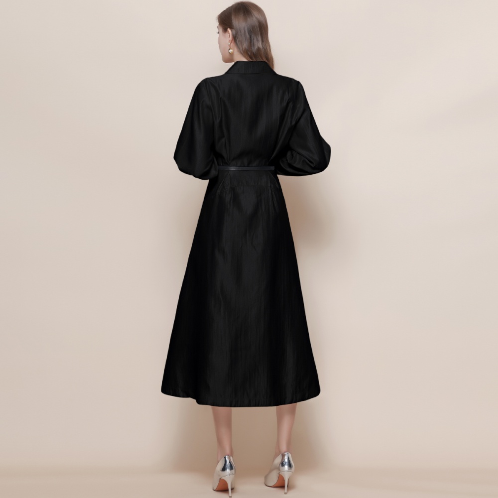 Pinched waist with belt long sleeve France style V-neck dress