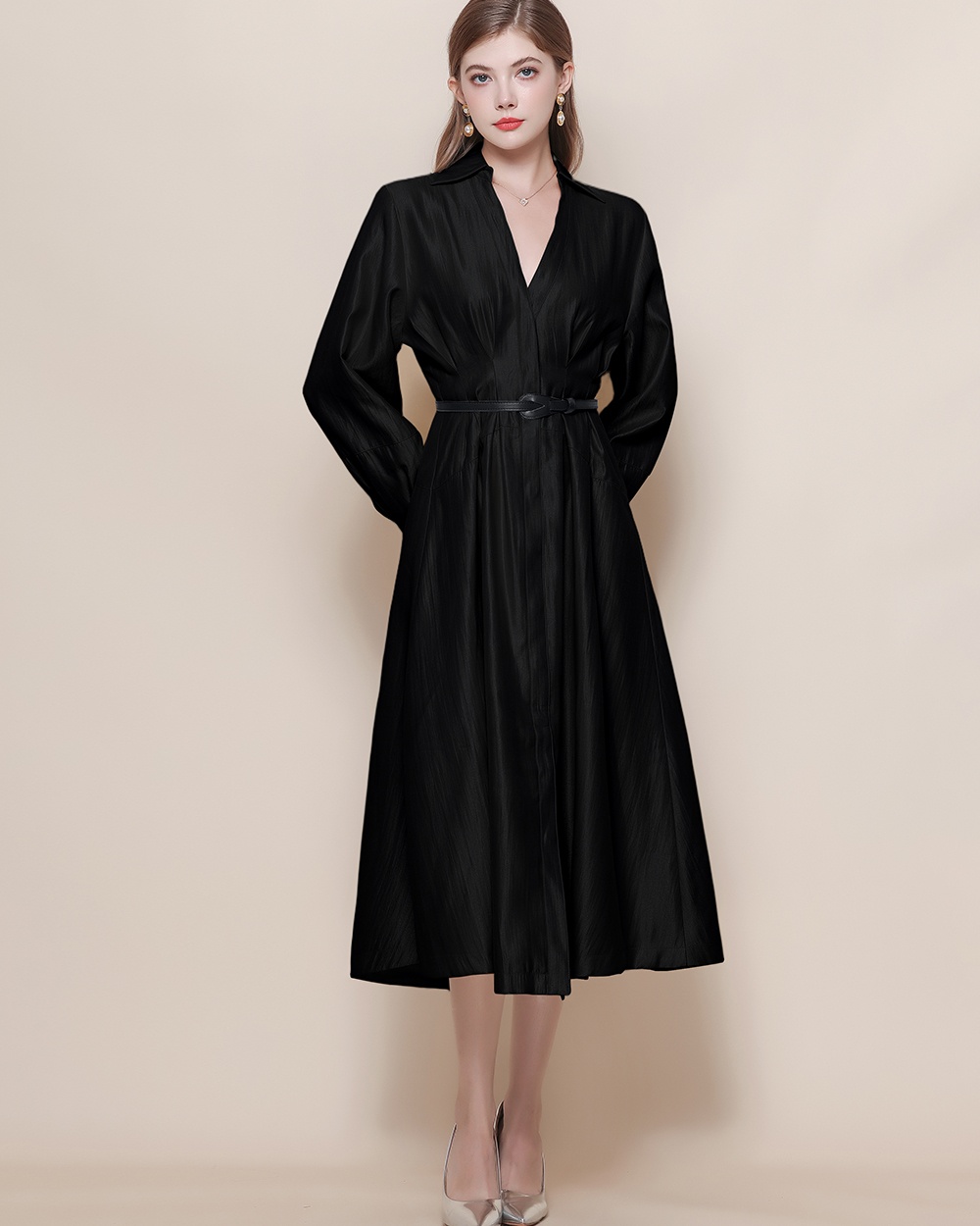 Pinched waist with belt long sleeve France style V-neck dress