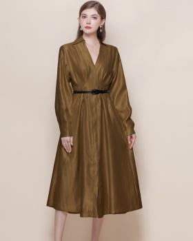 Pinched waist France style V-neck long sleeve dress