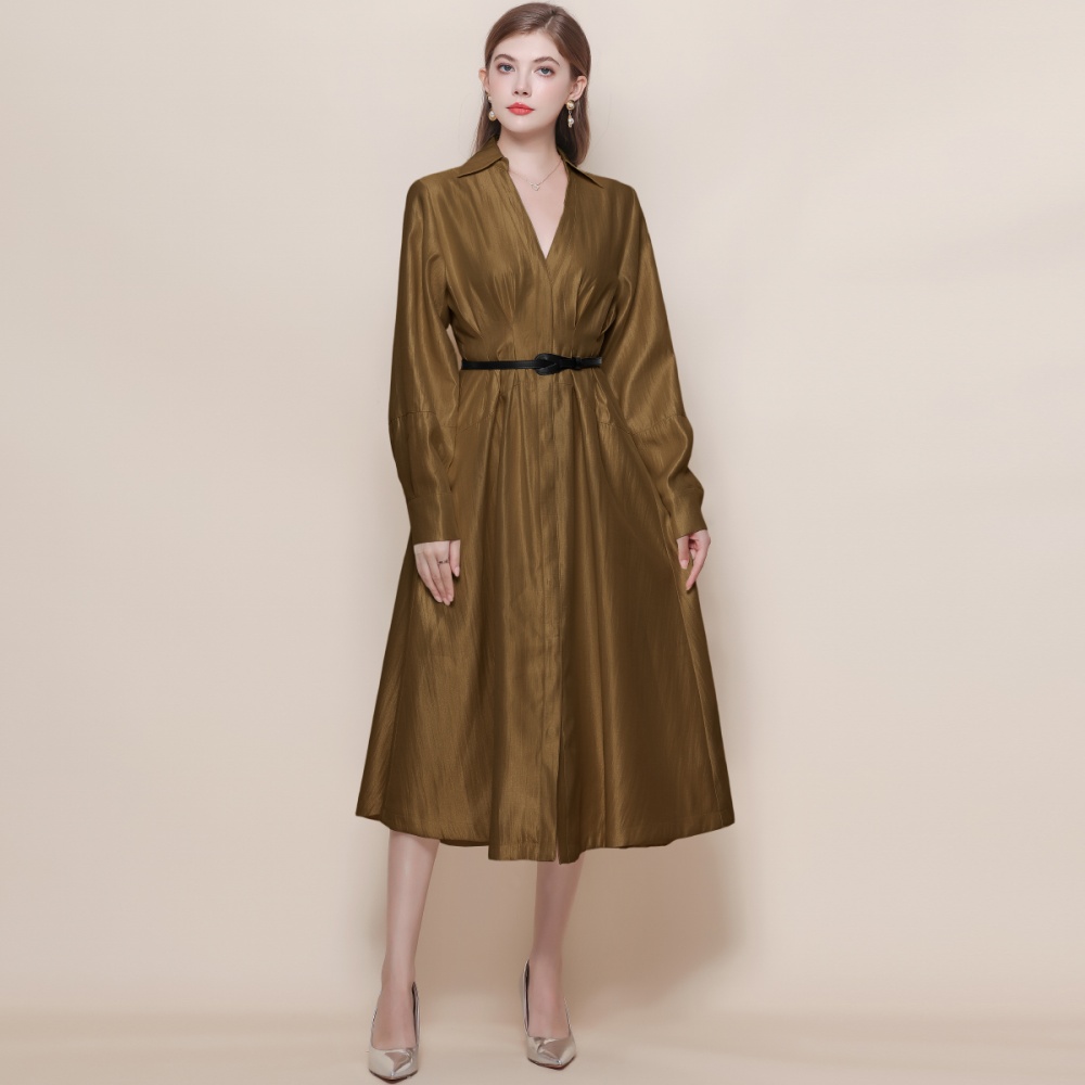 Pinched waist France style V-neck long sleeve dress