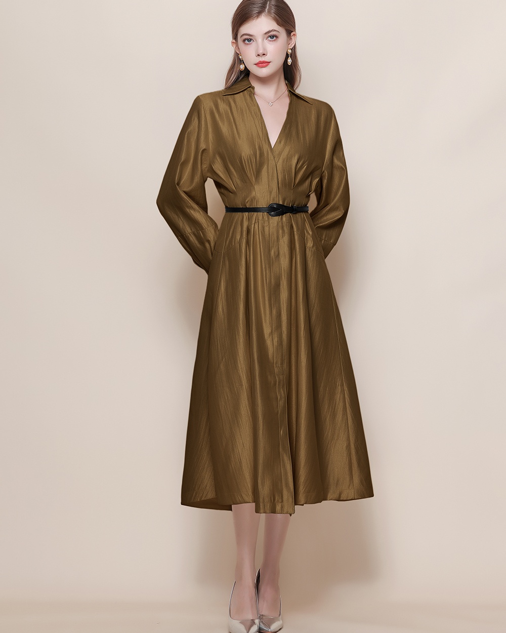 Pinched waist France style V-neck long sleeve dress